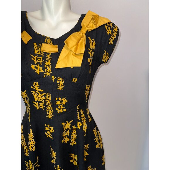 Vtg 60s Smartcraft Asian Inspired Dress Black Gold Textured Cotton Pinup Size 14 - Picture 8 of 8